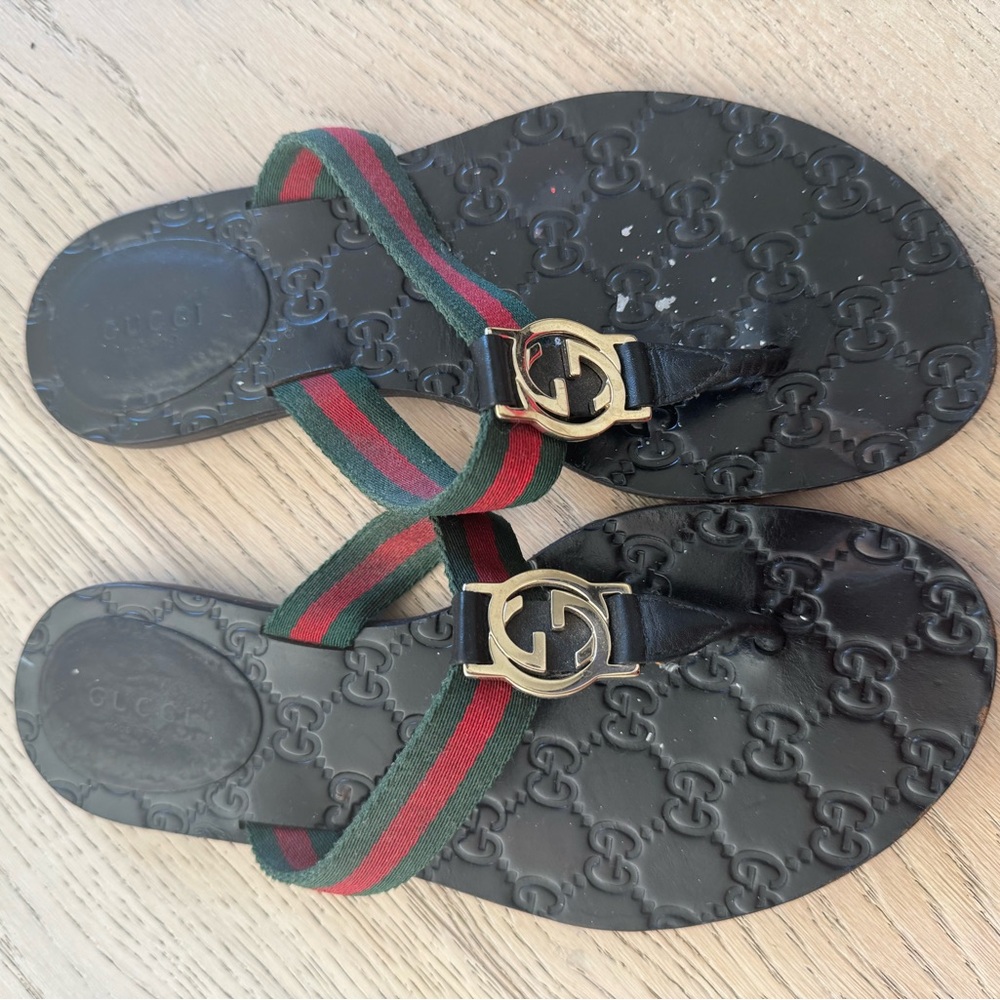 Gucci Black Sandals with Red and Green Accents